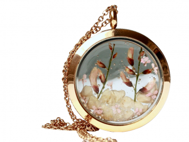 Kette Medaillon Blüte Resin rosegoldfarben Edelstahl Terrarium Kette